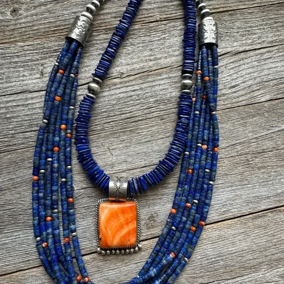 Sterling silver spiny oyster lapis necklace set